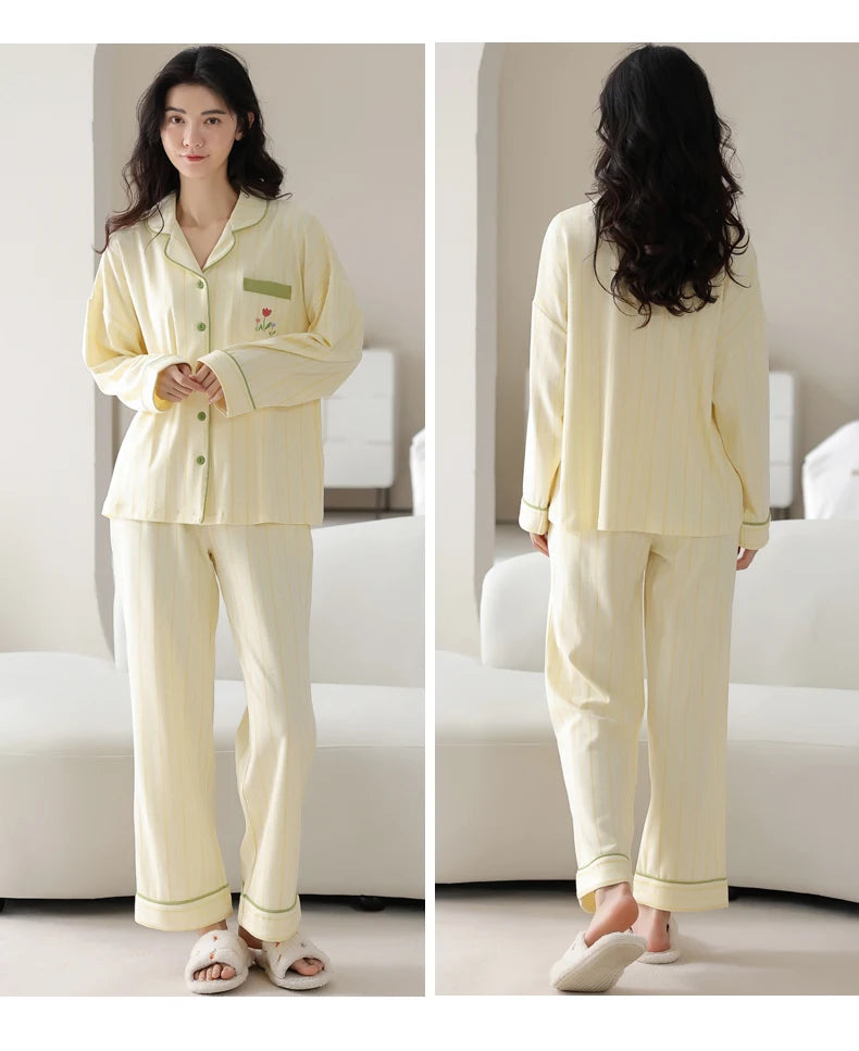 Women’s Winter 100% Cotton Pajama Set – Loose Fit, Turn-Down Collar, Long Sleeves, Cute Pink