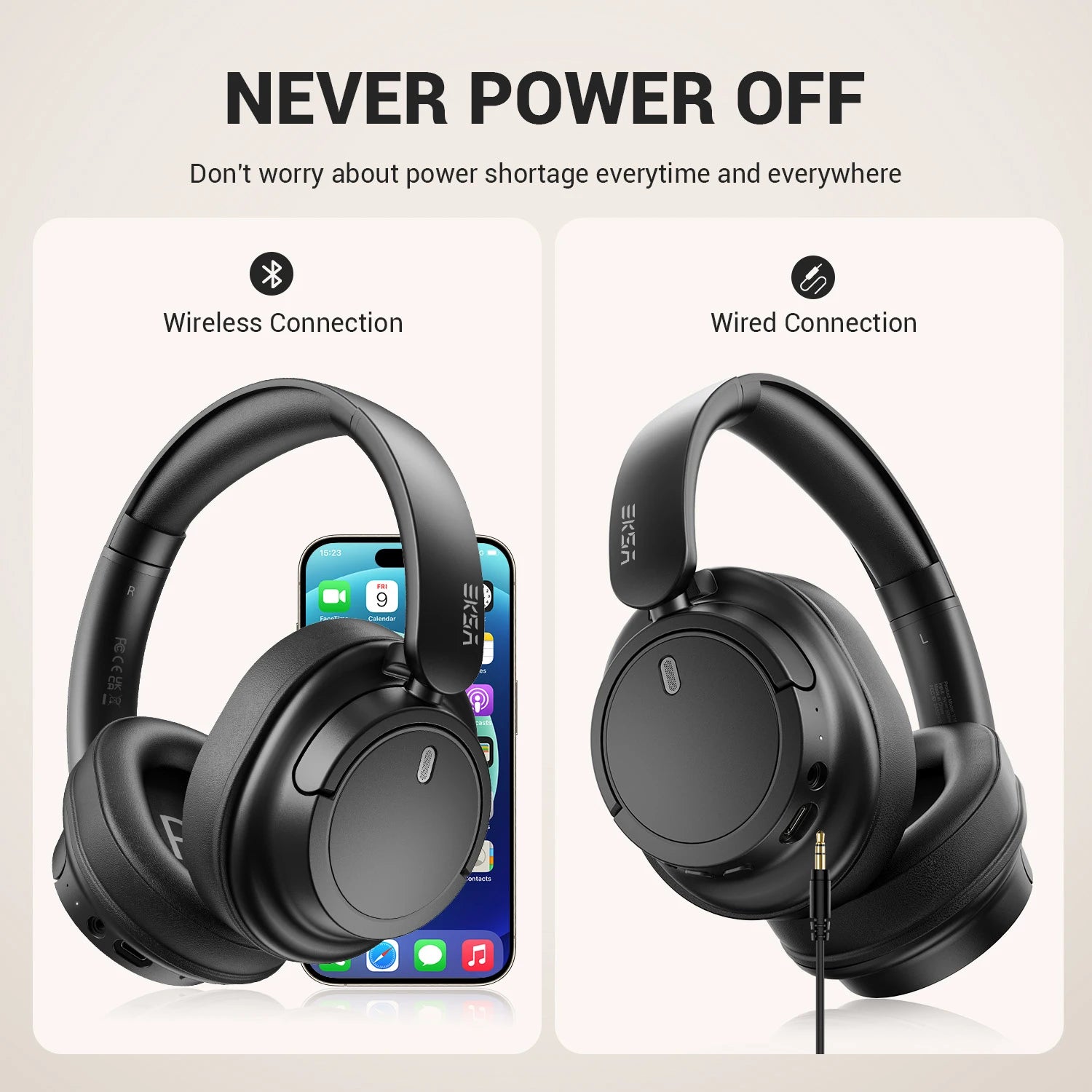 EKSA V16 Wireless Headphones Bluetooth 5.3 Over Ear Headset With Mic Bass/Pop Mode Hi-Res HiFi Wired Headphones 90H APP