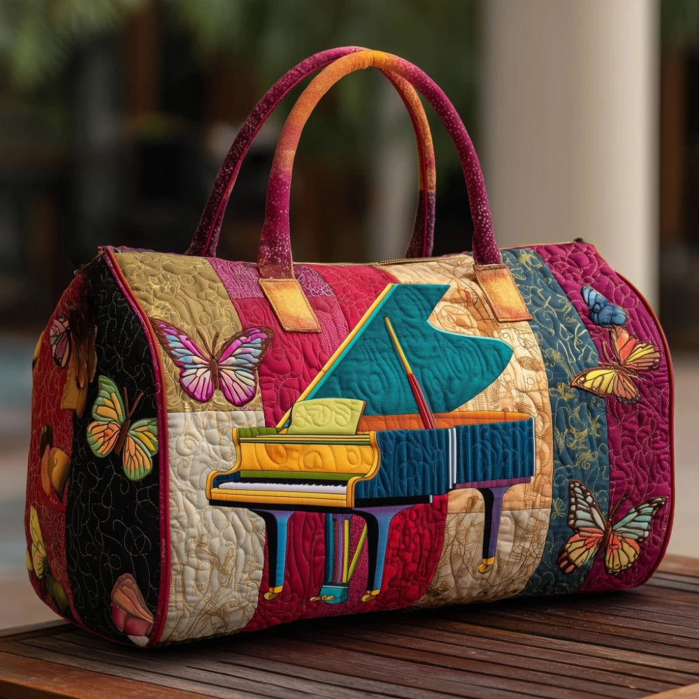 3D Printed Quilted Music Tote Bag Guitar Piano Floral Rose Design Travel Duffle Bag Carry on Luggage Unique Weekender Bag