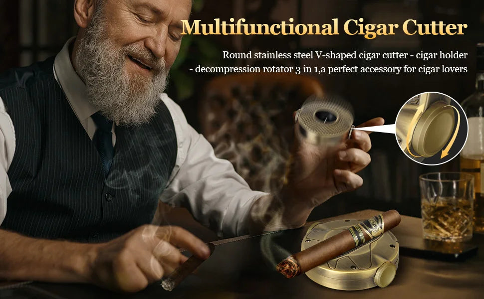 3-1 Cigar V Cutter with Stainless Steel Blade, Cigar Holder and Decompression Rotator, Round Cigar Cutter Ergonomically Designed