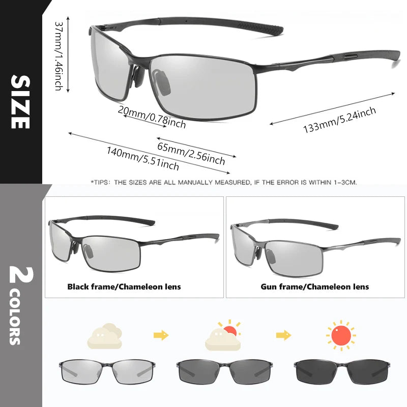 Classic Square Photochromic Polarized Sunglasses UV400 Anti-Glare Driving Glasses for Men Women