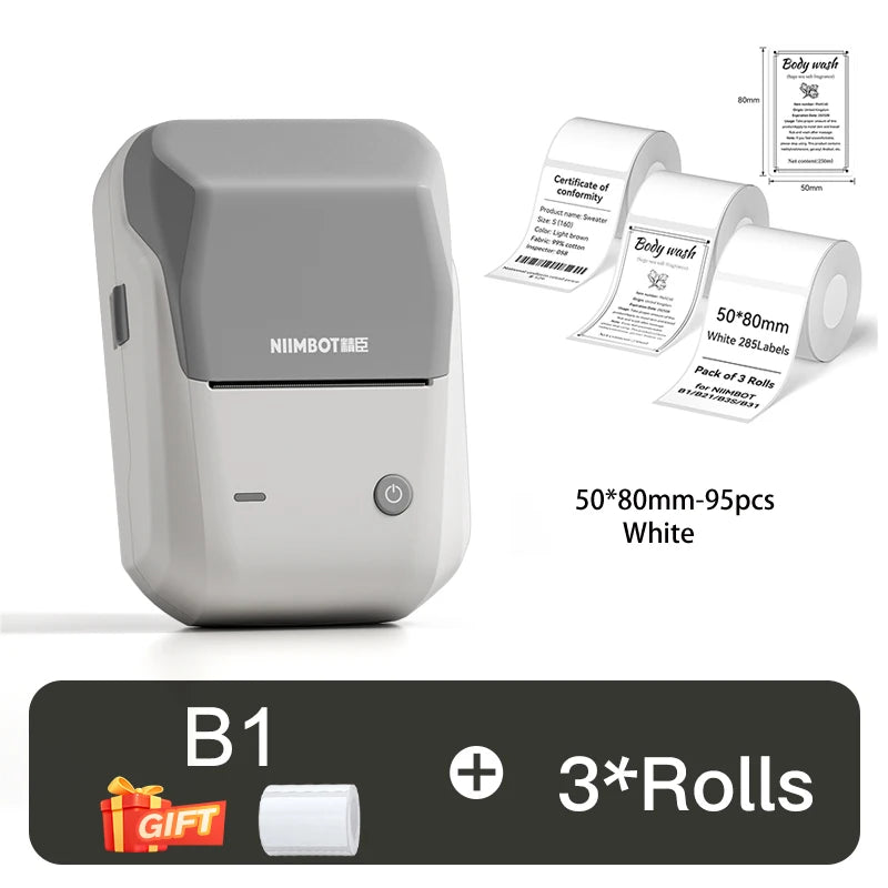 B1 Thermal Label Printer, Bluetooth Wireless Sticker Maker 20–50mm, Portable Inkless Barcode & QR Code Label Printer