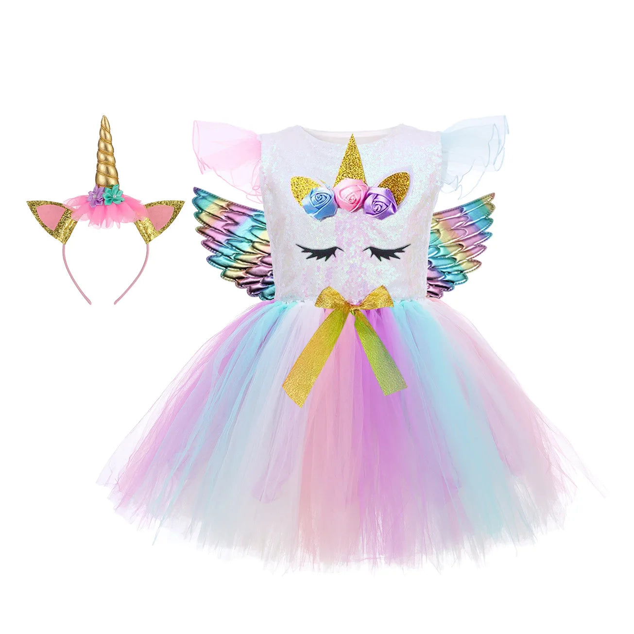 Unicorn Princess Tutu Dress with Flutter Sleeves and Sequin Tulle