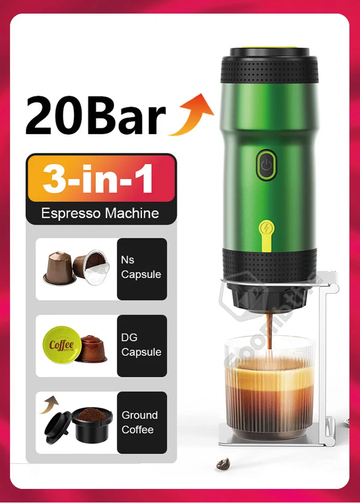 Foombthe Electric Portable Coffee Machine Italian Espresso Machine for Car & Home 3-in-1 Capsule Powder Travel Coffee Maker