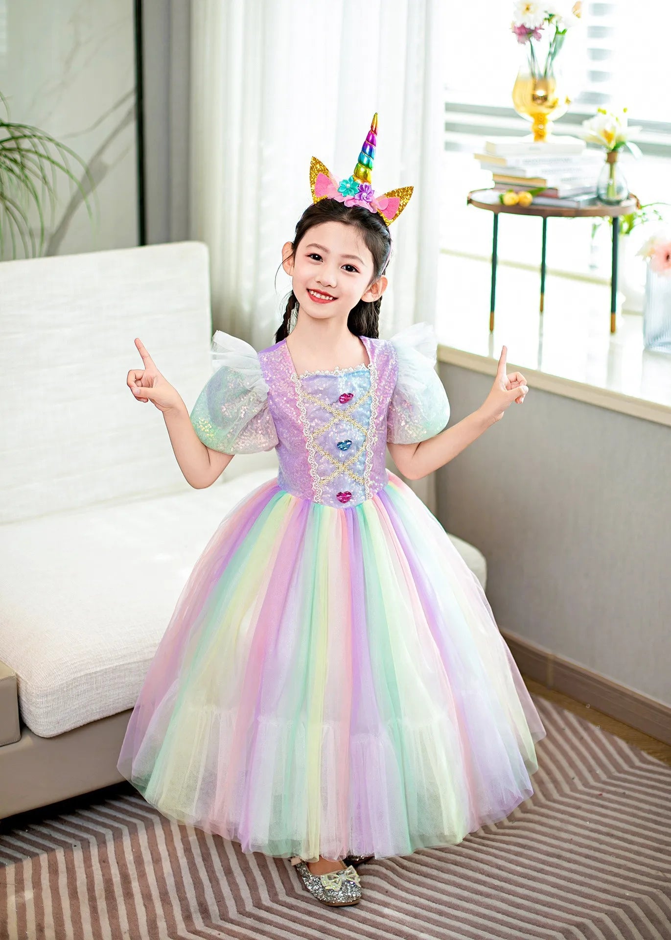 Rainbow Gradient Princess Ball Gown with Puff Bubble Sleeves