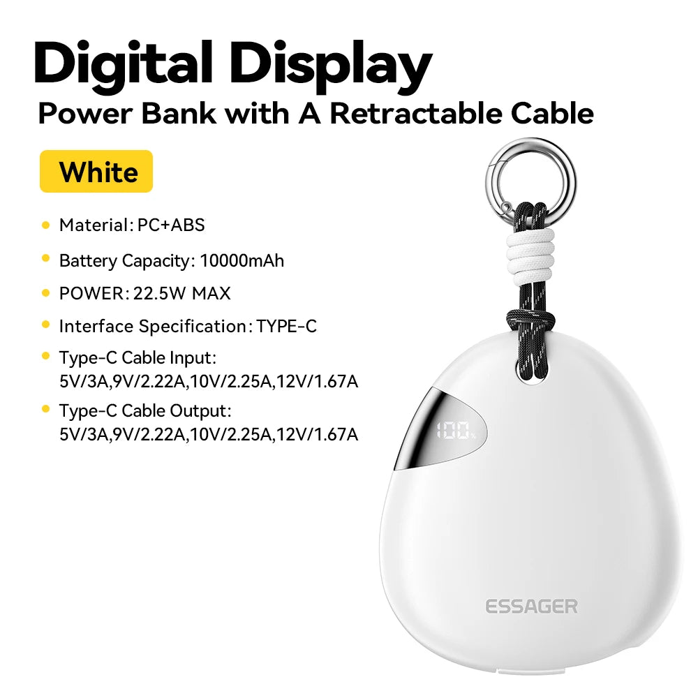 10000mAh Power Bank 22.5W Fast Charging Retractable Cable Wireless Charging with Digital Display & SOS Light