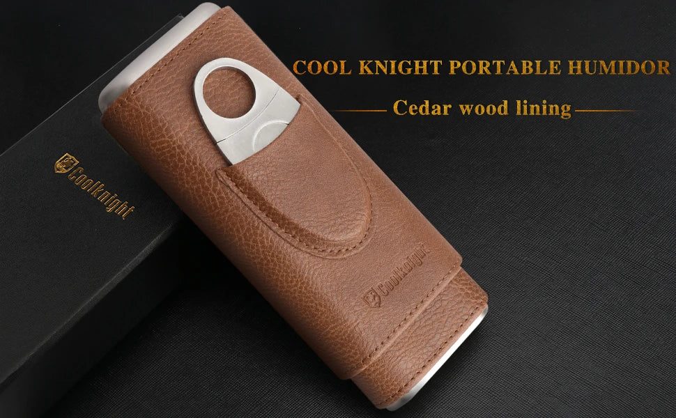 Leather Cigar Case, Cedar Wood Lining Travel Humidors for Cigars, Cigar Accessories Include Stainless Steel Cigar Cutter