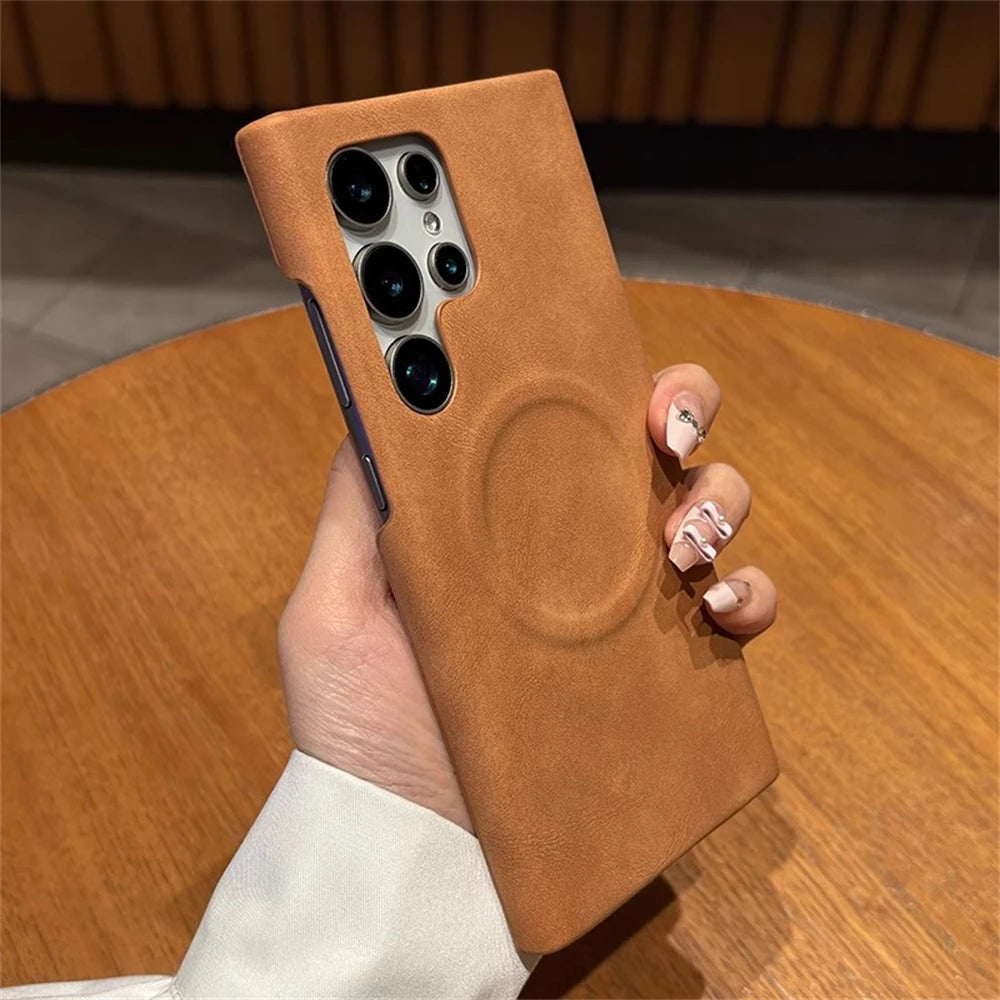 Luxury Leather  For MagSafe Wireless Charging Phone Case For Samsung S23 S24 S25 Ultra Lambskin Solid Color Hard Cover