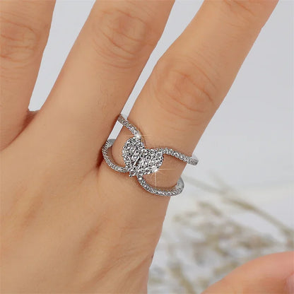 Exquisite Double Layer Cross Open Rings for Women Korean Fashion Heart Cubic Zircon Bridal Ring