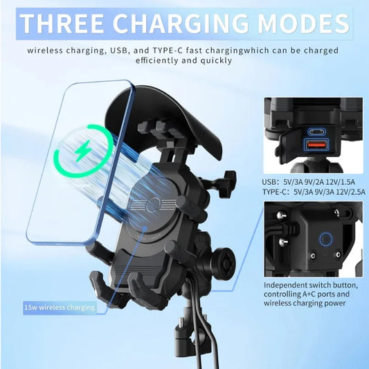Shockproof & Light Blocking Motorcycle Phone Holder Wireless Charger & 18W USB 30W Type C Fast Charging Motorbike Bicycle Stand