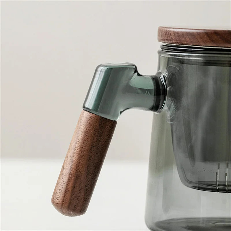 400ml Walnut Wooden Handle Lid Filter Glass Tea Cup Tea Water Separation Scented Tea Cup Office Flower Tea Separation Tea Mug
