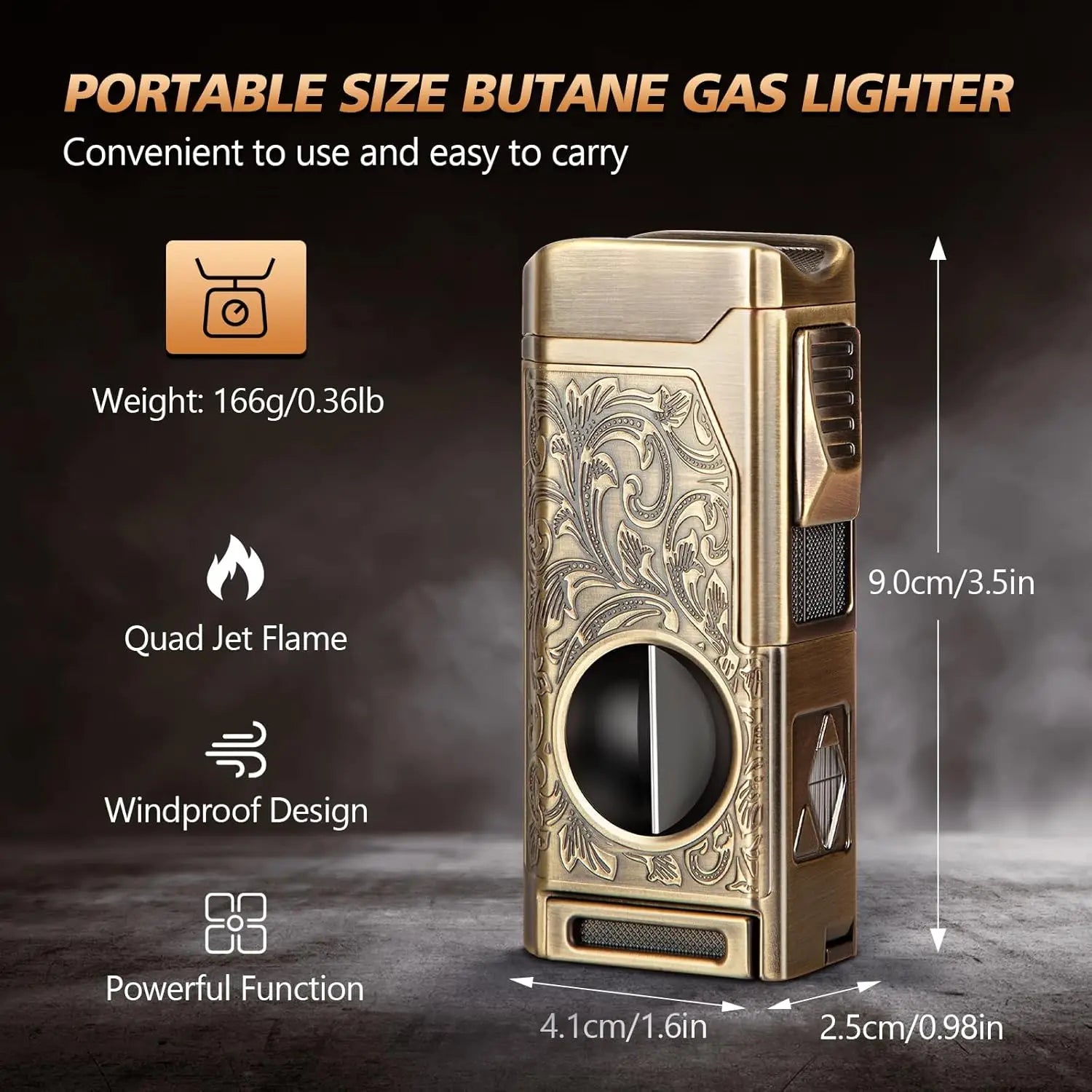 Cigar Lighter 4 Jet Flame, Refillable Butane Lighter with Cigar Cutter V Cut Cigar Punch Cigar Holder Cigar Draw Enhancer