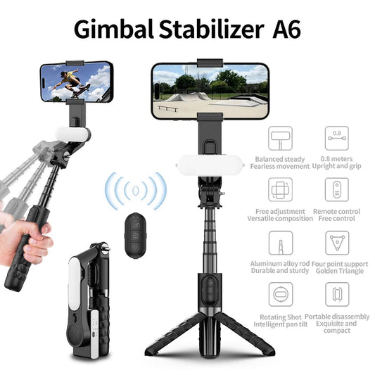 A6 2025 1-axis handheld gimbal stabilizer w/ selfie stick/tripod, wireless remote, 400mAh Li-ion battery, USB charging, iOS