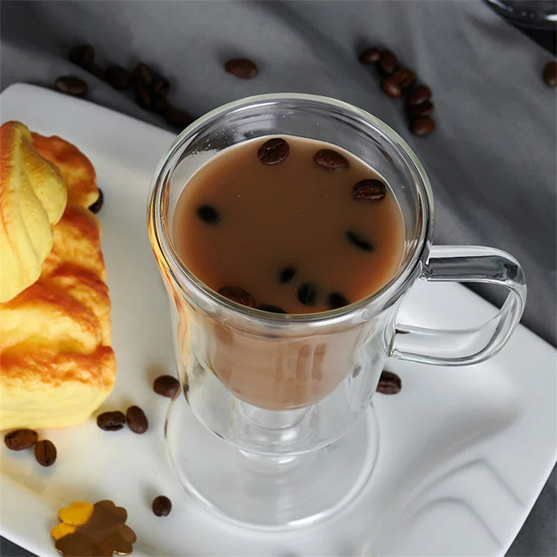 Double Wall Glass Irish Coffee Mug Bubble Tea Milkshake Cup Ice Cream Cup with Handle Milk Fruit Juice Glass Cup
