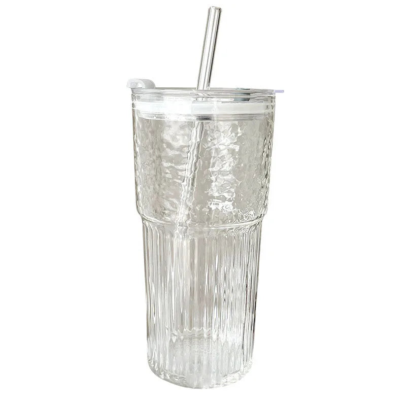 600ml Stripe Glass Cup with Lid And Straw Transparent Milk Tea Juice Cup Drinking Glasses Ice Water Coffee Mug Bar Drinkware