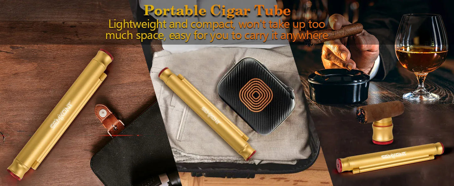 Travel Cigar Tube, Portable Aluminum Cigar Storage Tube Built in Humidifier, with Dual Cigar Punch Cigar Needle Cigar Holder