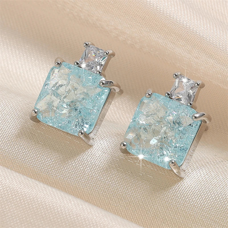 Light Blue Square Cubic Zirconia Stud Earrings