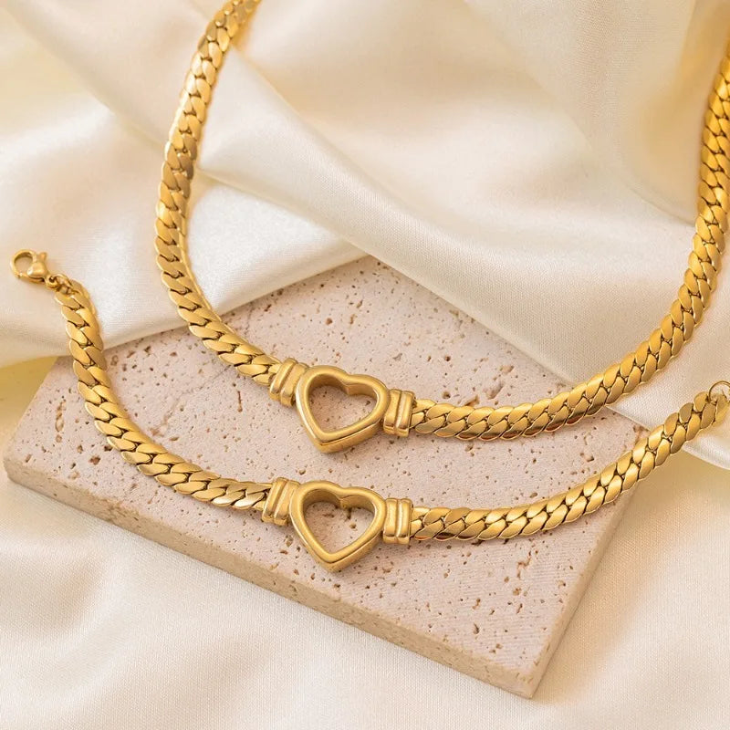 Cuban Link Heart Chain Necklace For Women Gold Plated Stainless Steel Waterproof Necklaces Bracelet 45 cm