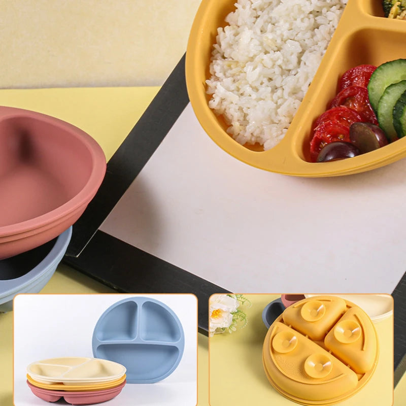 Baby Silicone Plate with 4 Suction Cups Toddler Feeding Plate Smile Face Sucker Bowl Children Dishes Kids Training Tableware