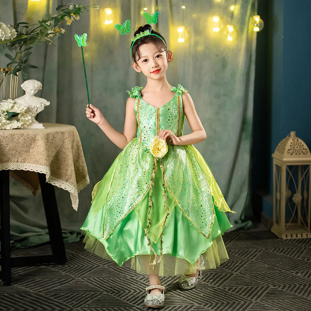 Girl Green Leaf Sequin Fairy Dress Sleeveless Strap Elf Tutu Gown Kids Birthday Party Halloween Cosplay Forest Princess Costume