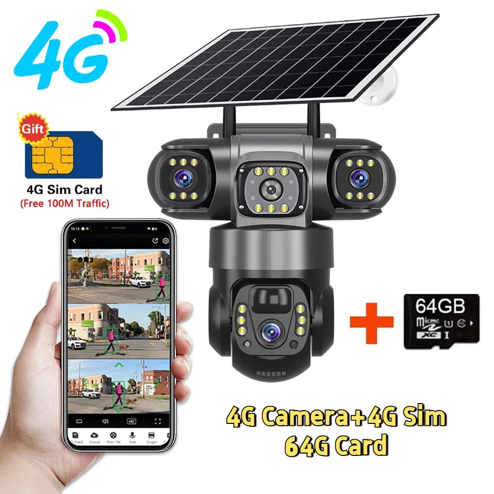 12MP 6K  Outdoor Solar 4G Camera Three Lens Three Screen PIR Motion Detection Cam Waterproof Night Vision Smart Security CCTV