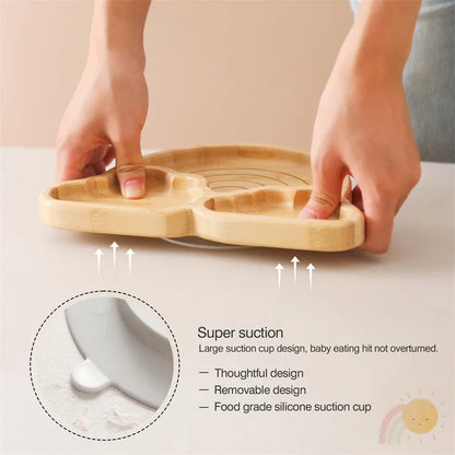 Baby Wooden Tableware Set Sun Bamboo Wooden Plate Bowl Silicone Suction Wooden Handle Fork Spoon for Newborn Feeding Supplies