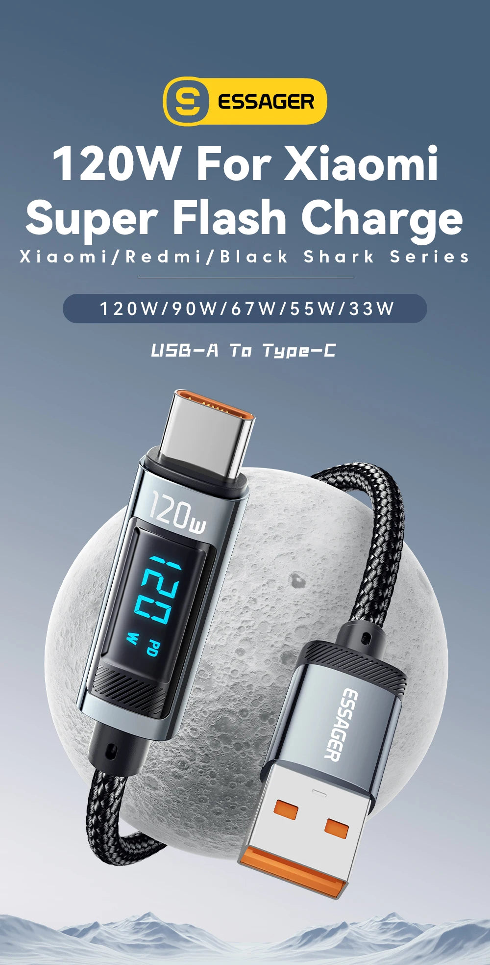 120W USB Type-C to Type-C Fast Charging Cable with LED Display