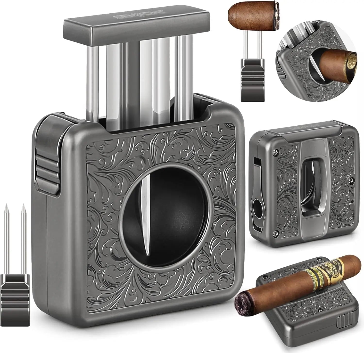 Cigar Cutter,4 in 1 Multifunction V Cut Cutter with Cigar Punch,Cigar Holder & Twin Nubber,Suitable for Max 60 Ring Gauge Cigars