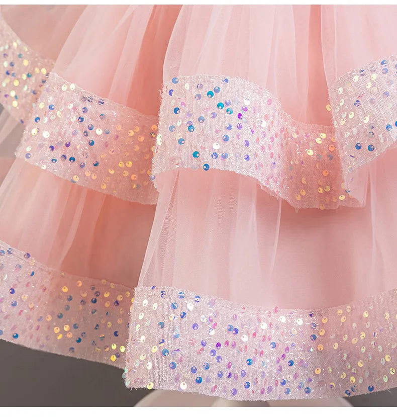 New Girls Sequin Tulle Cake Dress - Sparkling Layered Princess Gown for Baby‘s 1st Birthday & Banquet