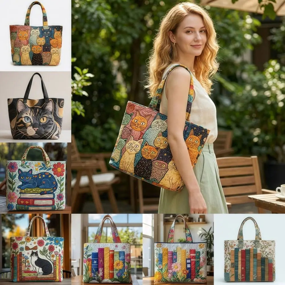 Vintage Quilted Canvas Tote Bag Large Capacity 3D Printed Shopping Handbag
