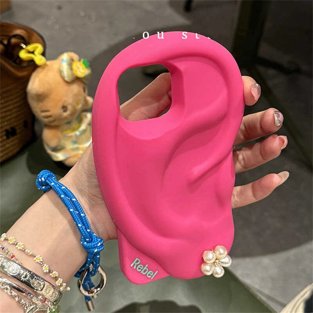 INS Cute Funny Ear Piercing Phone Case For iPhone 15 13 14 Pro Max Creative Irregular Camera Protection Soft Silicon Cover