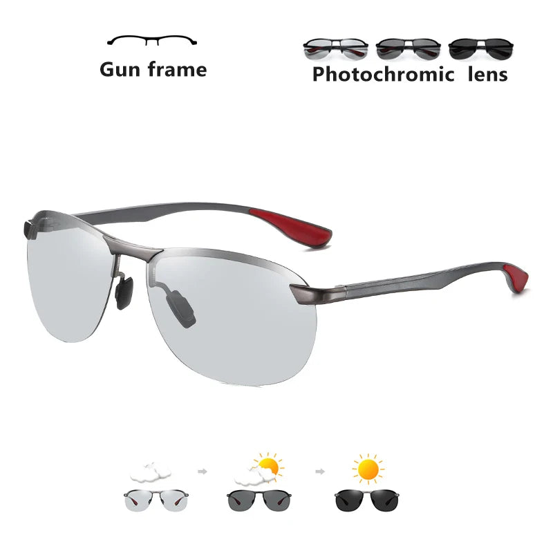 Rimless Photochromic Polarized UV400 Aluminum Driving Sunglasses for Men Women