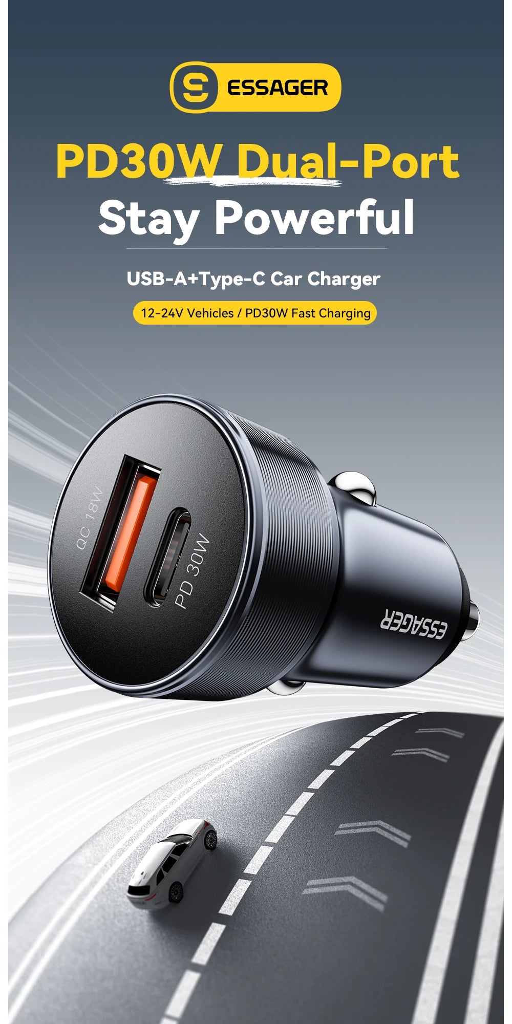 30W Mini USB C Car Charger PD 3.0 QC 3.0 Fast Charging Dual Port Compact Adapter