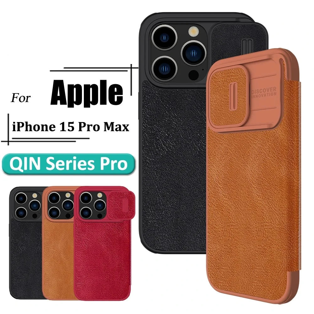 Luxury Flip QIN Pro Leather Case For iPhone 15 Pro Max Case Shockproof Camera Slider Protection Cover With Card Holder