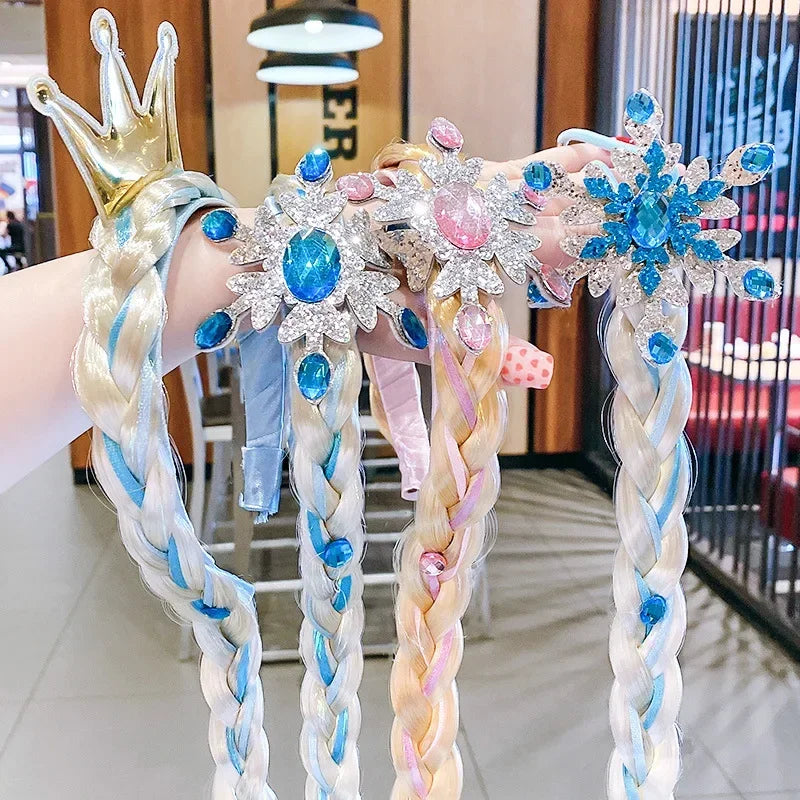 Girls Elsa Cosplay Headband Weaving Braid Tangled Snowflake Crown Headband Hair Accessories Girl Princess Bow Hair Ornament