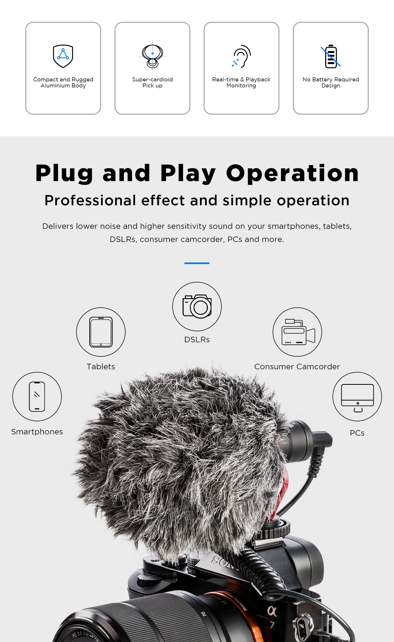 BY-MM1+ Super-Cardioid Shotgun Microphone for iPhone Android PC Laptop DSLR Cameras Camcorder YouTube Recording Streaming