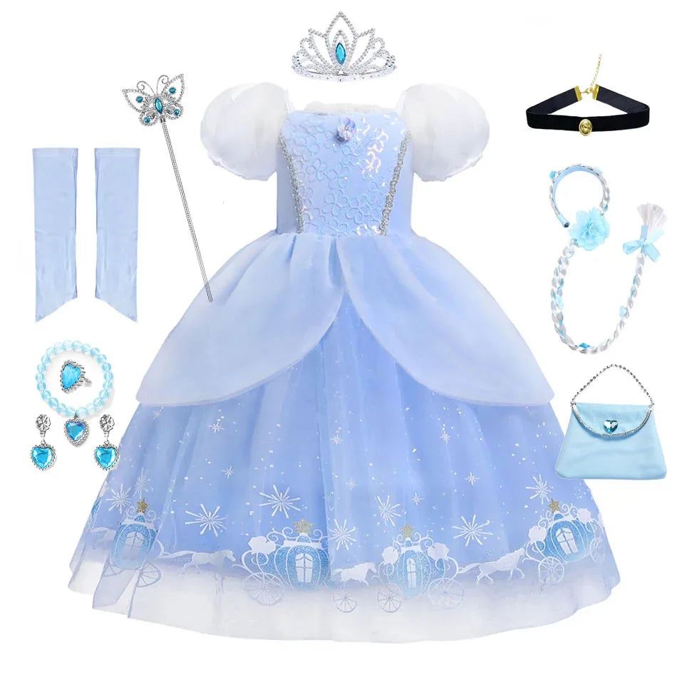 Cinderella Princess Cosplay Dress for Girl Kids Ball Gown Sequin Carnival TUTU Puff Mesh Clothing for Birthday Gift Summer Dress