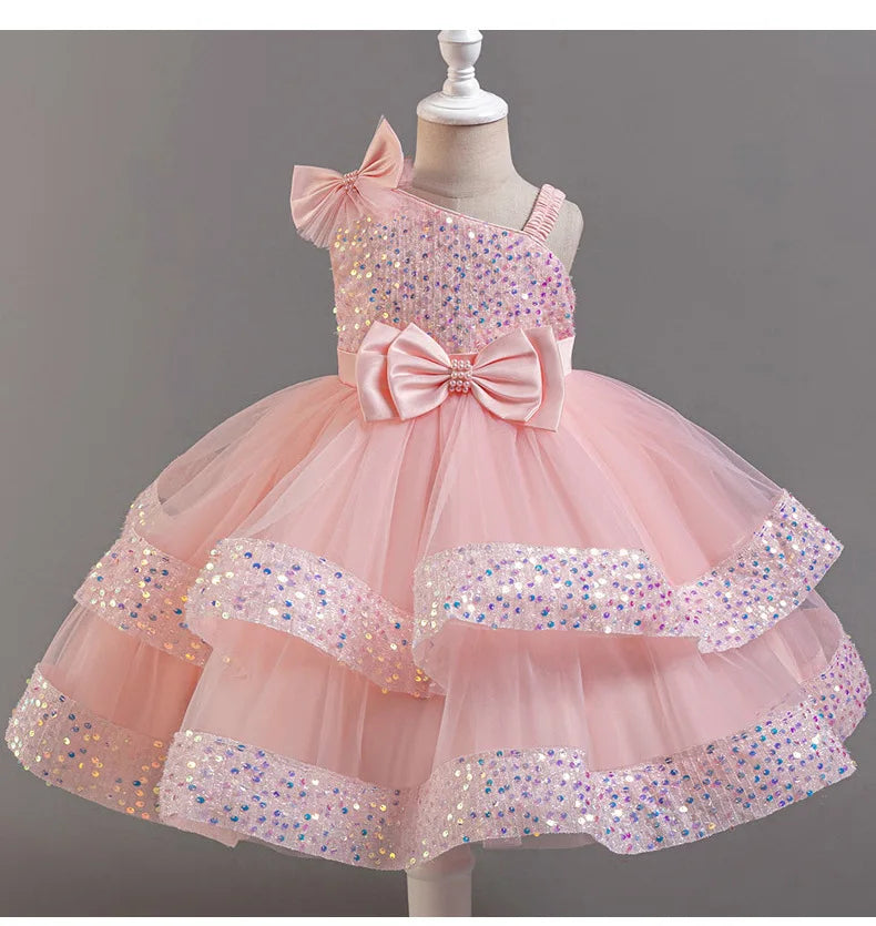 New Girls Sequin Tulle Cake Dress - Sparkling Layered Princess Gown for Baby‘s 1st Birthday & Banquet