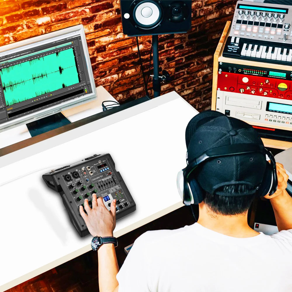 4 Channels Audio Mixer Depusheng B4 Sound Table Professional DJ Mixing Console Built in 99 DSP Digital Effects 48V Phantom Power