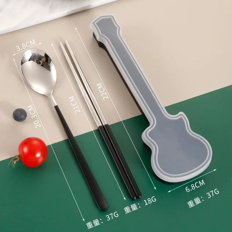 2/3Pcs Cutlery Set Fork Spoon Chopsticks Dinnerware Set 304 Stainless Steel Portable Travel Flatware Guitar Box