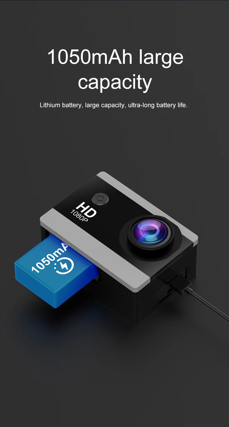 1080P Waterproof Action Camera with 2 Inch IPS Screen 170 Degree Wide Angle Helmet Sports Camera