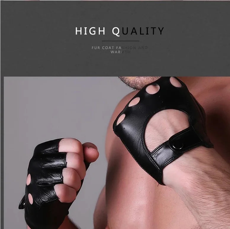 Mens Sheepskin Half Finger Gloves For Fitness Driving High Quality Genuine Leather Gloves Fingerless Black Driver Sports Cycling