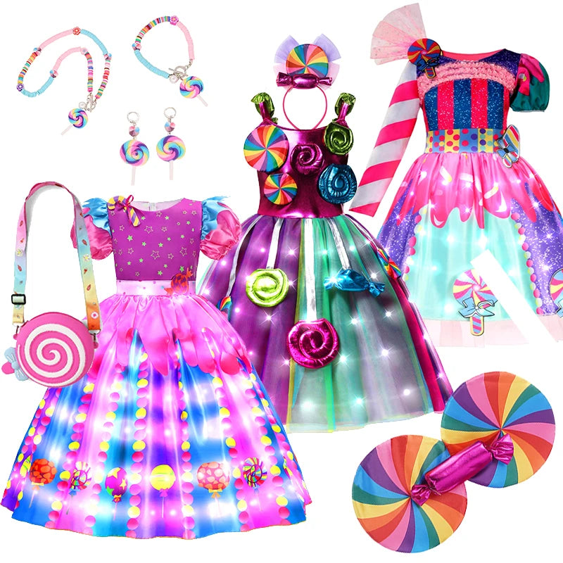 LED Light Up Princess Candy Dress For Girl Lollipop Party Clothing Kids Cosplay Costume New Years Dress 2-10Y