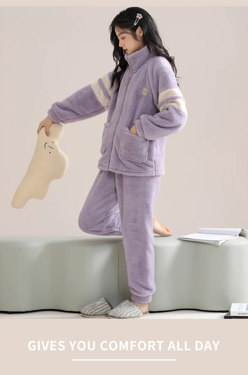 Women’s Winter Flannel Pajama Set – Warm Coral Fleece Loungewear with Cute Bunny Design