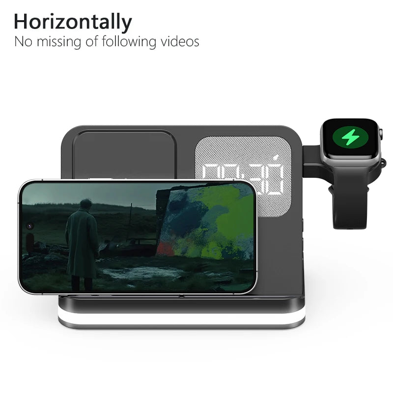 Clock, desktop, mobile phone, headphones, watch, wireless charger, both entertainment and charging not wrong