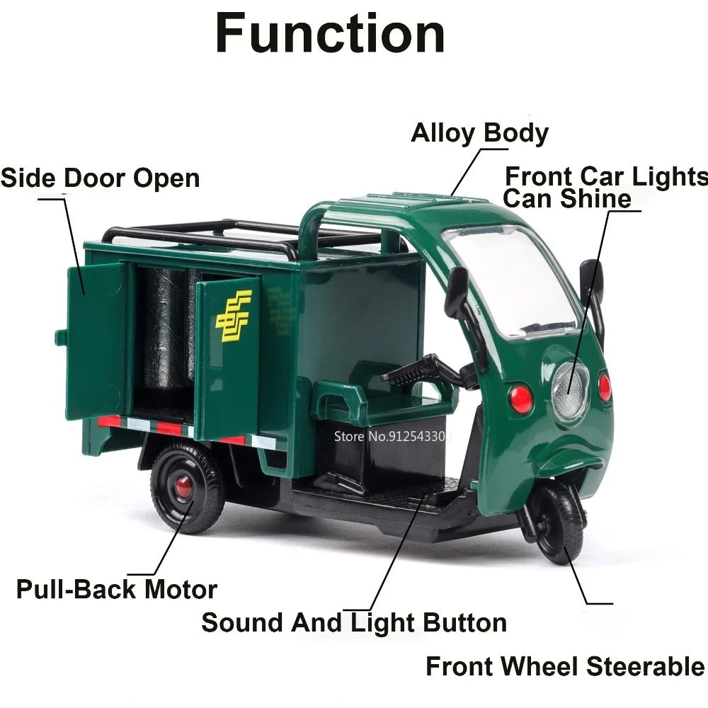 1/32 Scale Express Delivery Tricycle Model Car Toy Steerable Front Wheels Sound Light Pull Back Vehicle Models Gifts for s