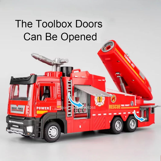 1:32 Water Spray Fog Fire Truck Model Sweeper Toy Car Sound Light Pull Back Doors Opened Vehicles Collection Gifts