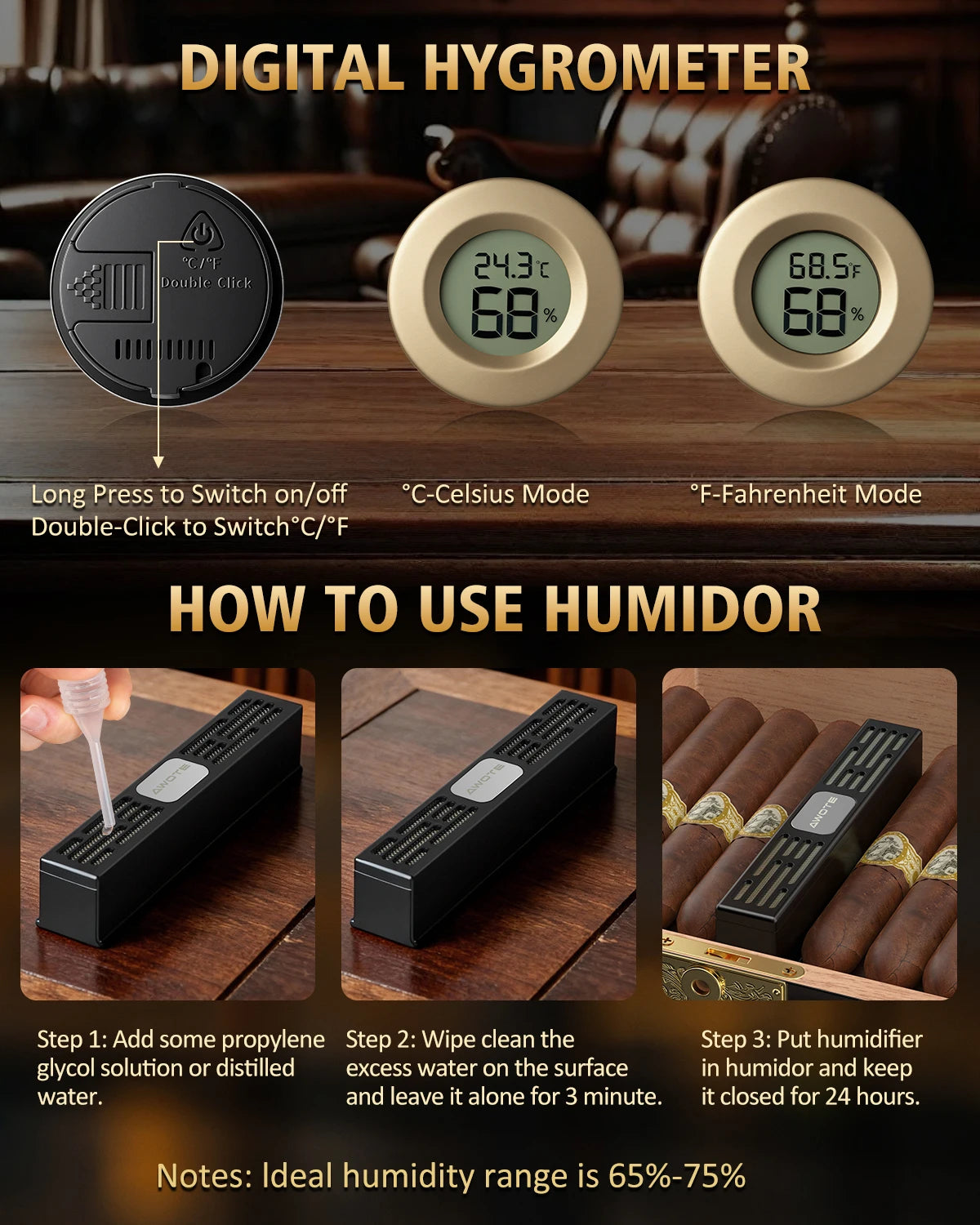 Cigar Humidor, Cedar Wood Cigar Box, Includes Leather Cigar Case, Cigar Tube, Digital Hygrometer and 2 Humidifiers, Gift Set