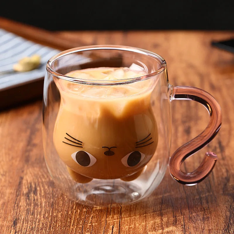 250ml Cartoon Cat Double Wall Glass Cute Coffee Tea Cup Heat-resistant Coffee Mug Handle Espresso Cup For Latte Cappuccino