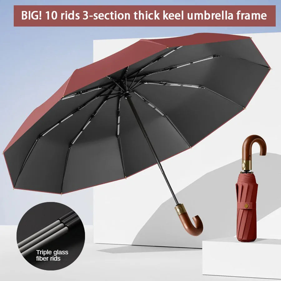 Windproof Automatic Folding Umbrella with UV Protection Curved Handle for Sun and Rain